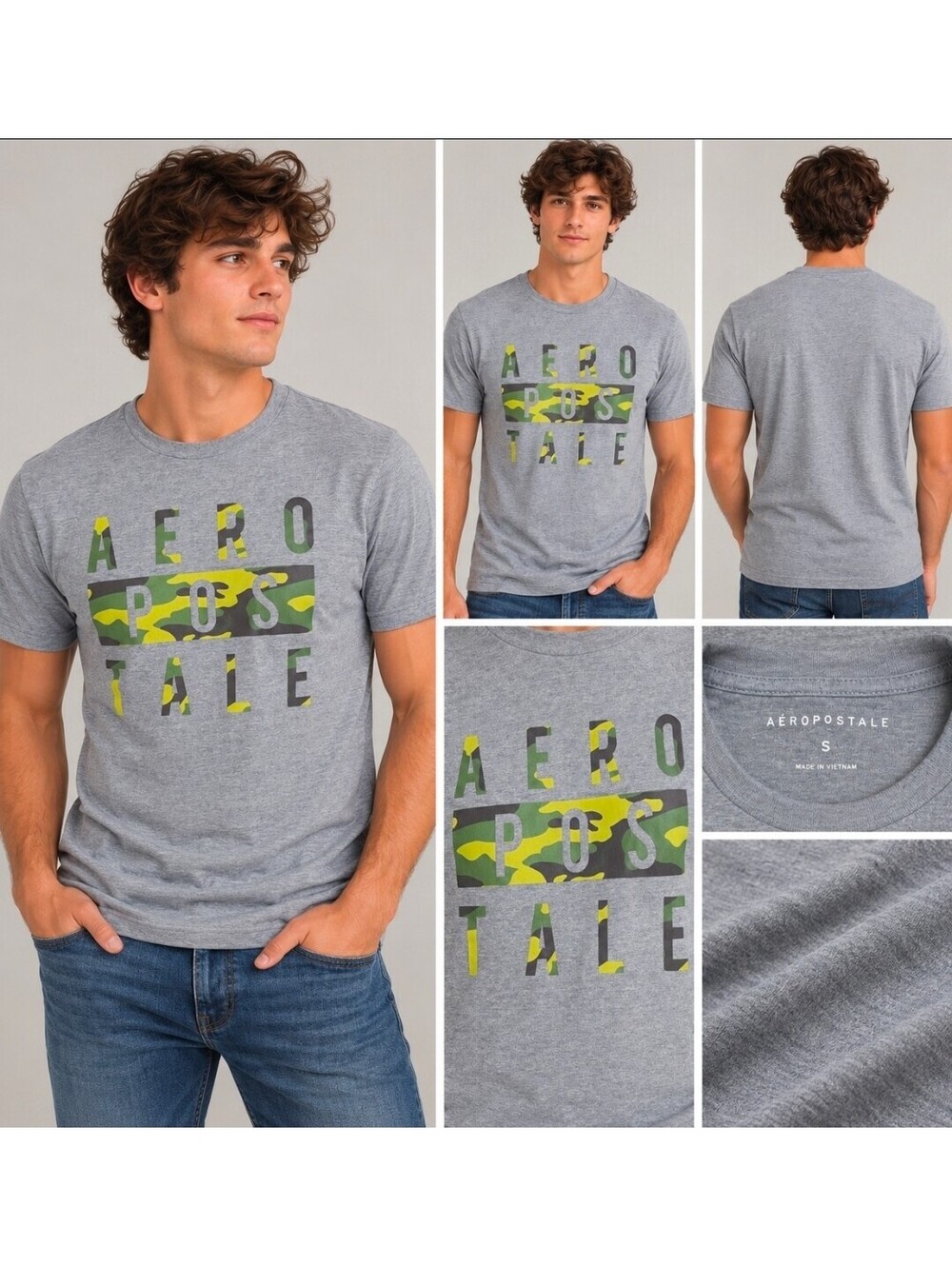 Aeropostale Men’s Small Gray Camo Logo Graphic T-Shirt 100% Cotton Crew Neck